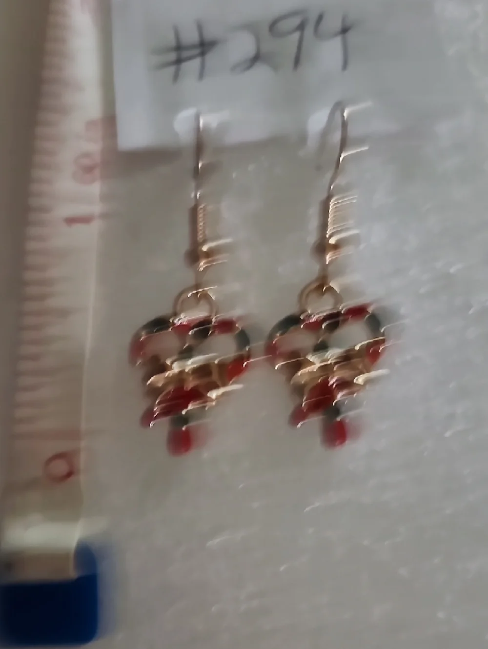 Hand Crafted Gold-Tone Heart Earrings with Red and Green Enamel